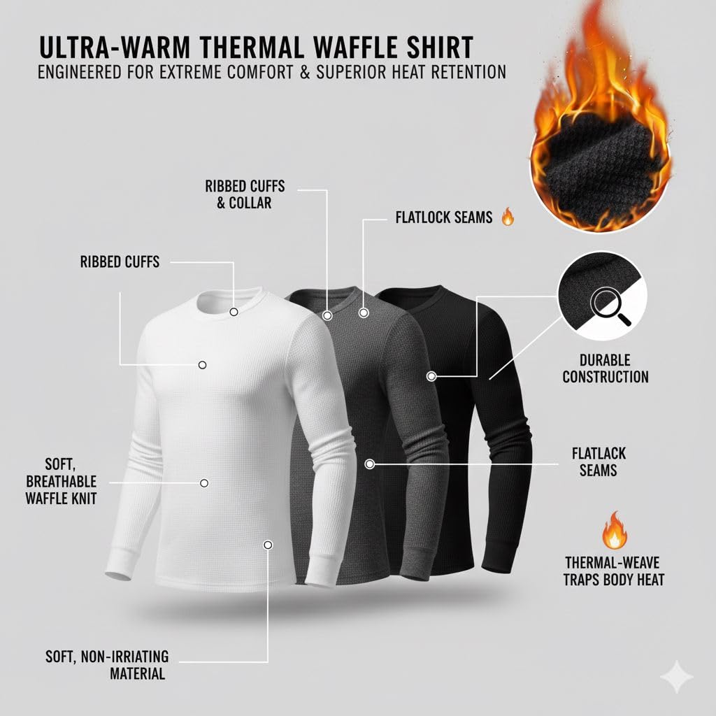 MAYAR STYLES Mens Thermals - Thermal Top for Men, Long Sleeve Thermal Tops Mens, Thermal Vests, Comfort Fit Thermal Shirt Men, 0.45 TOG, Cotton-Polyester Blend in Black, White, Charcoal, Small to XXL