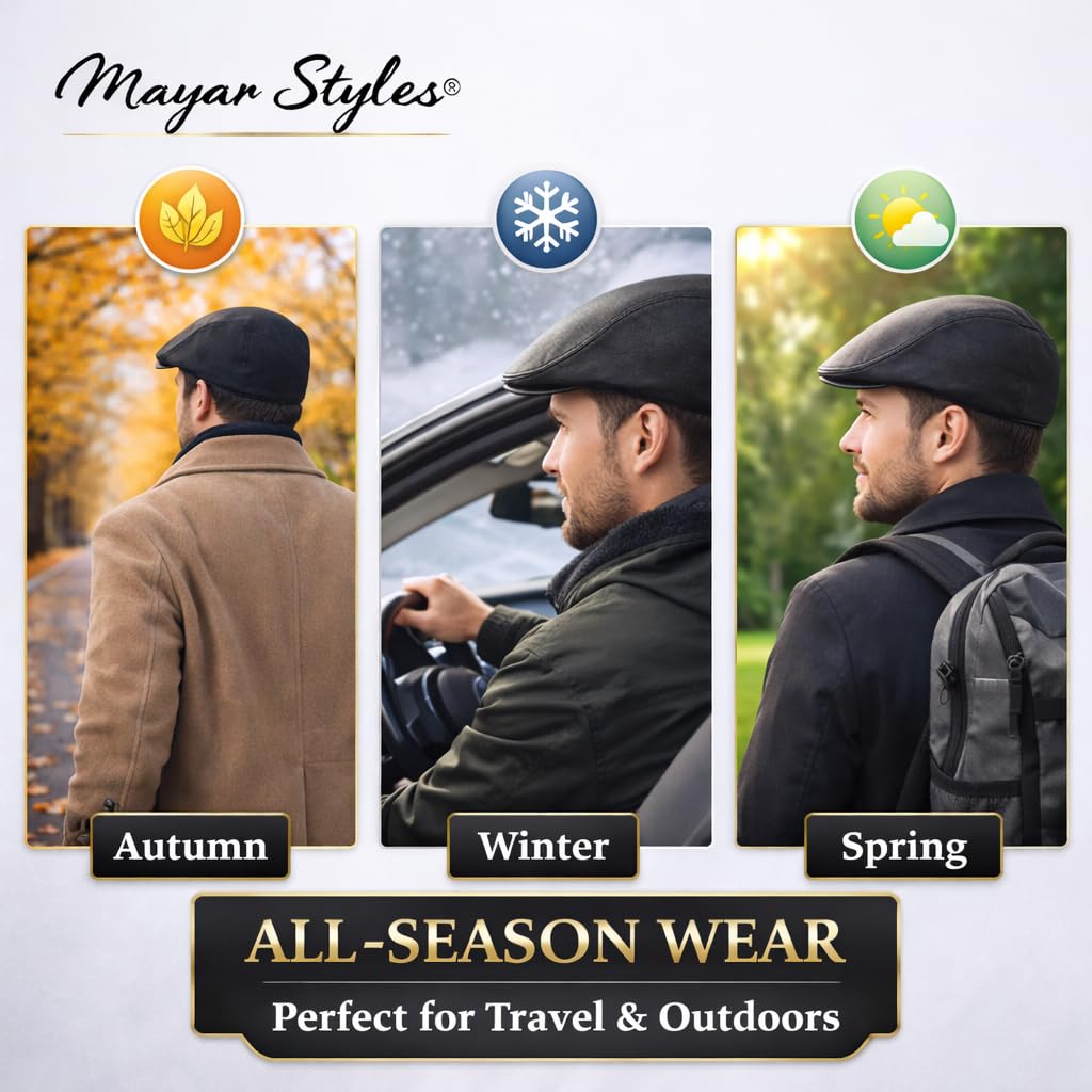 MAYAR STYLES® Men’s Black Leather Look Flat Cap – Classic Ivy Cap, One Size Fits All (57–61cm), Lightweight & Comfortable, Smart Casual Everyday Wear