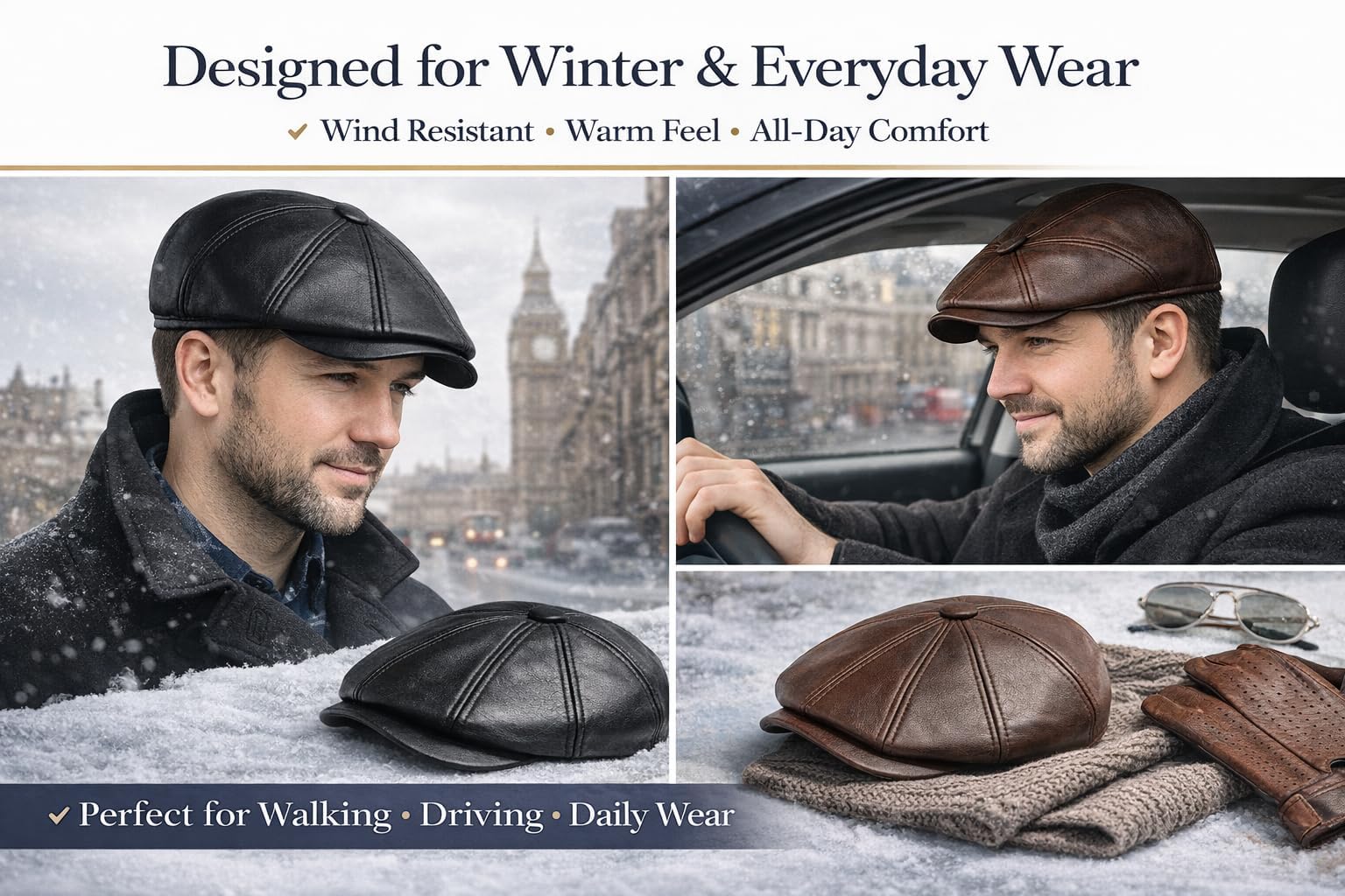 MAYAR STYLES® Men’s PU Leather Flat Cap 8 Panel Newsboy Baker Boy Hat | Classic Gatsby Peaked Cap | Winter Flatcap for Men Youth Boys | Black & Brown | Small–2XL
