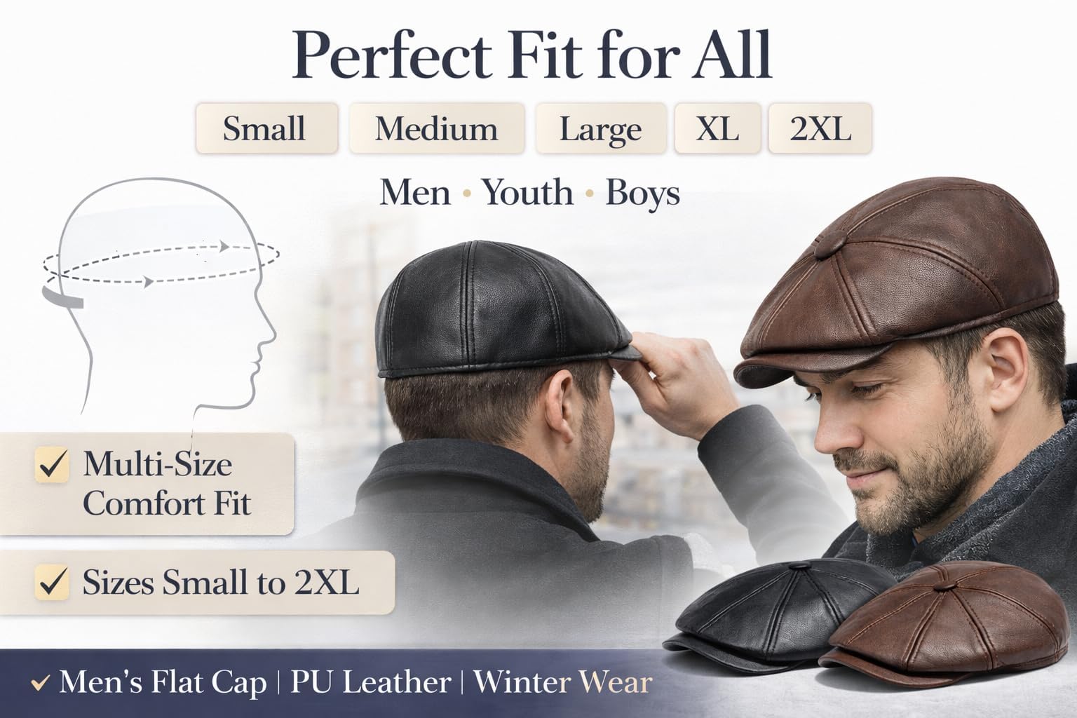 MAYAR STYLES® Men’s PU Leather Flat Cap 8 Panel Newsboy Baker Boy Hat | Classic Gatsby Peaked Cap | Winter Flatcap for Men Youth Boys | Black & Brown | Small–2XL
