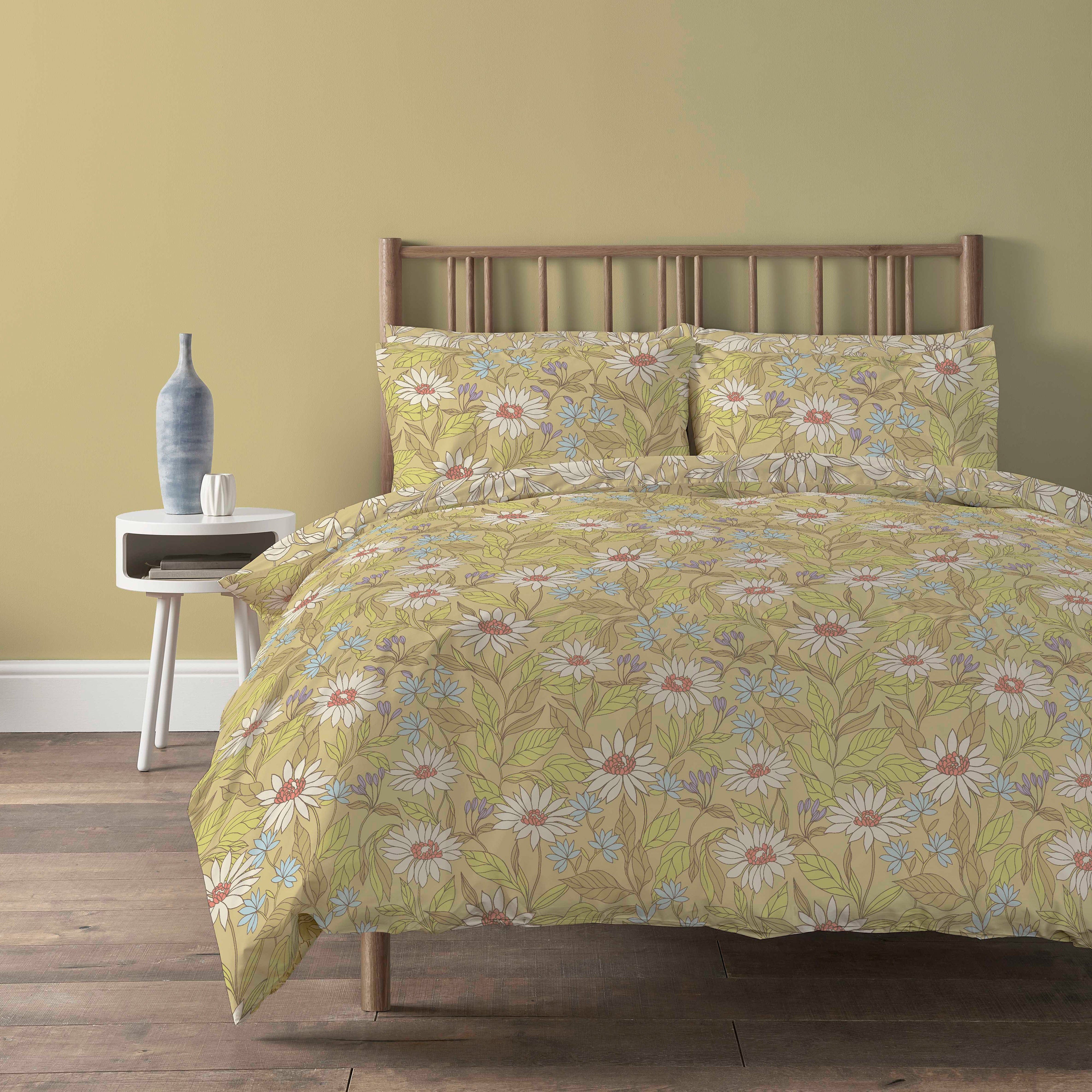 OLIVIA ROCCO Elinor Duvet Cover Set Ochre Floral Printed Bedding With Pillow Cases Super Soft Easy Care Bed Linen Machine Washable
