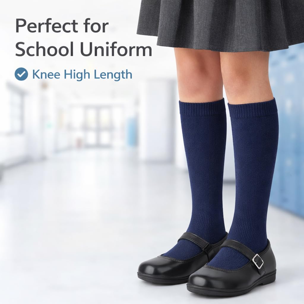MAYAR STYLES® 6 Pairs Girls Kids Knee High School Socks Cotton Rich | Back to School Plain Long Socks | Uniform, Party & Daily Wear