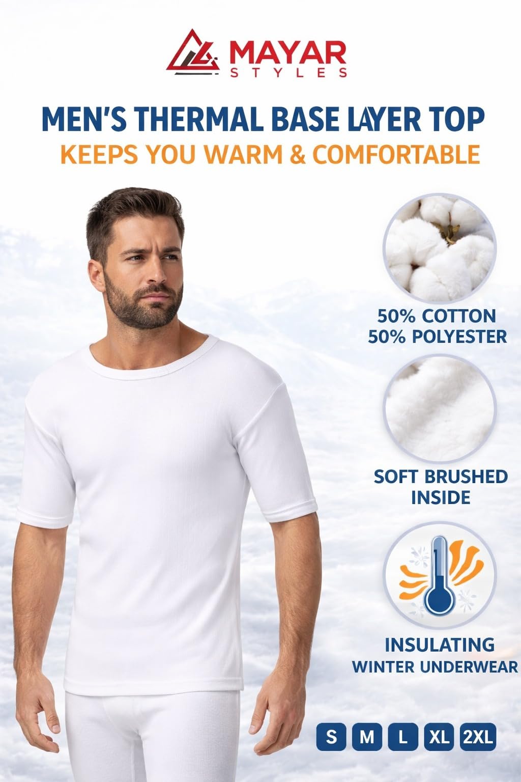 MAYAR STYLES® Men’s Thermal Short Sleeve Underwear Top – Warm Breathable Base Layer – Soft Cotton Blend Winter Thermal T-Shirt – Heat Retaining – S to XXL