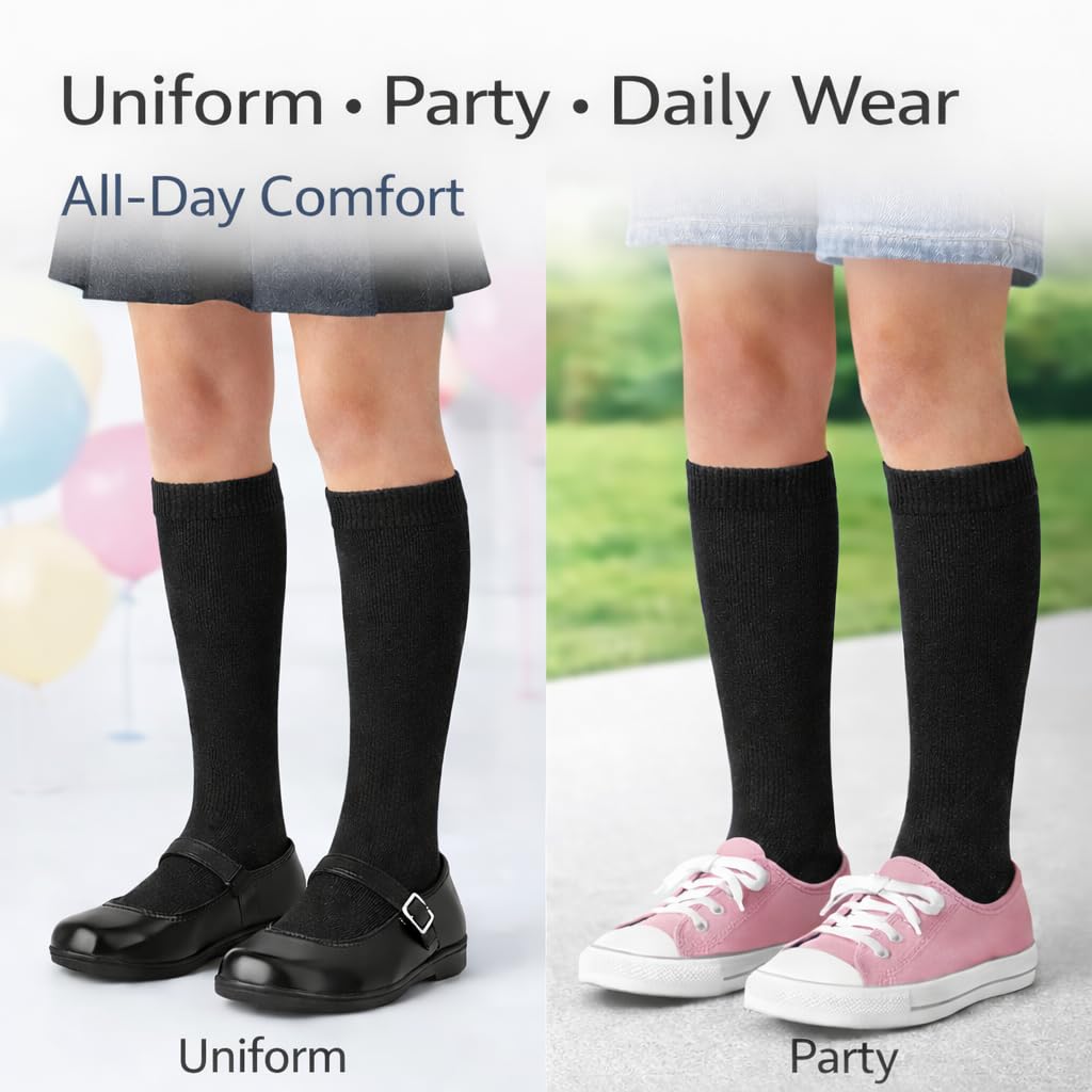 MAYAR STYLES® 6 Pairs Girls Kids Knee High School Socks Cotton Rich | Back to School Plain Long Socks | Uniform, Party & Daily Wear