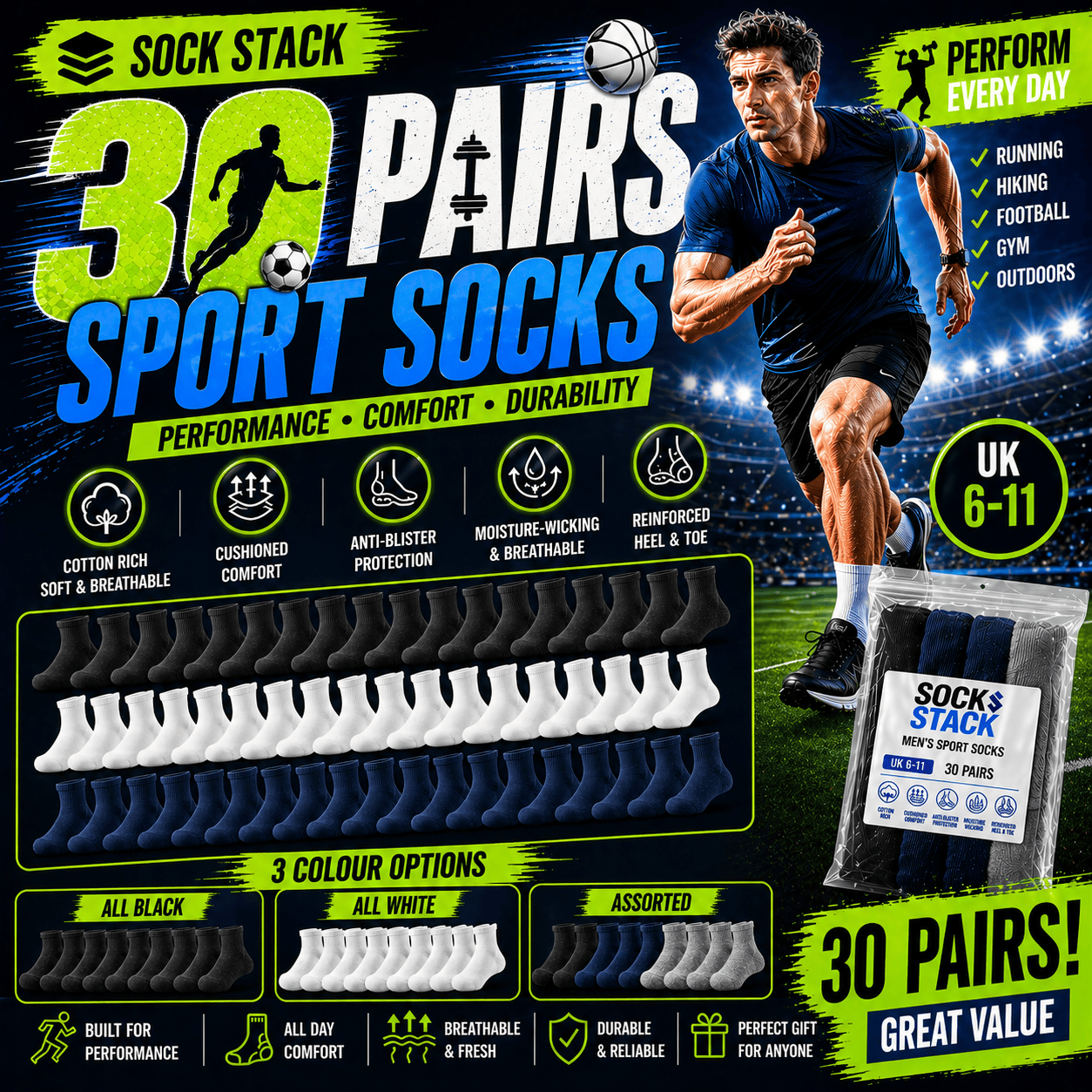 Sock Stack 30 Pairs Mens Cotton Rich Performance Sport Socks UK 6-11 Black Grey White Cushioned Anti-Blister Moisture-Wicking Breathable