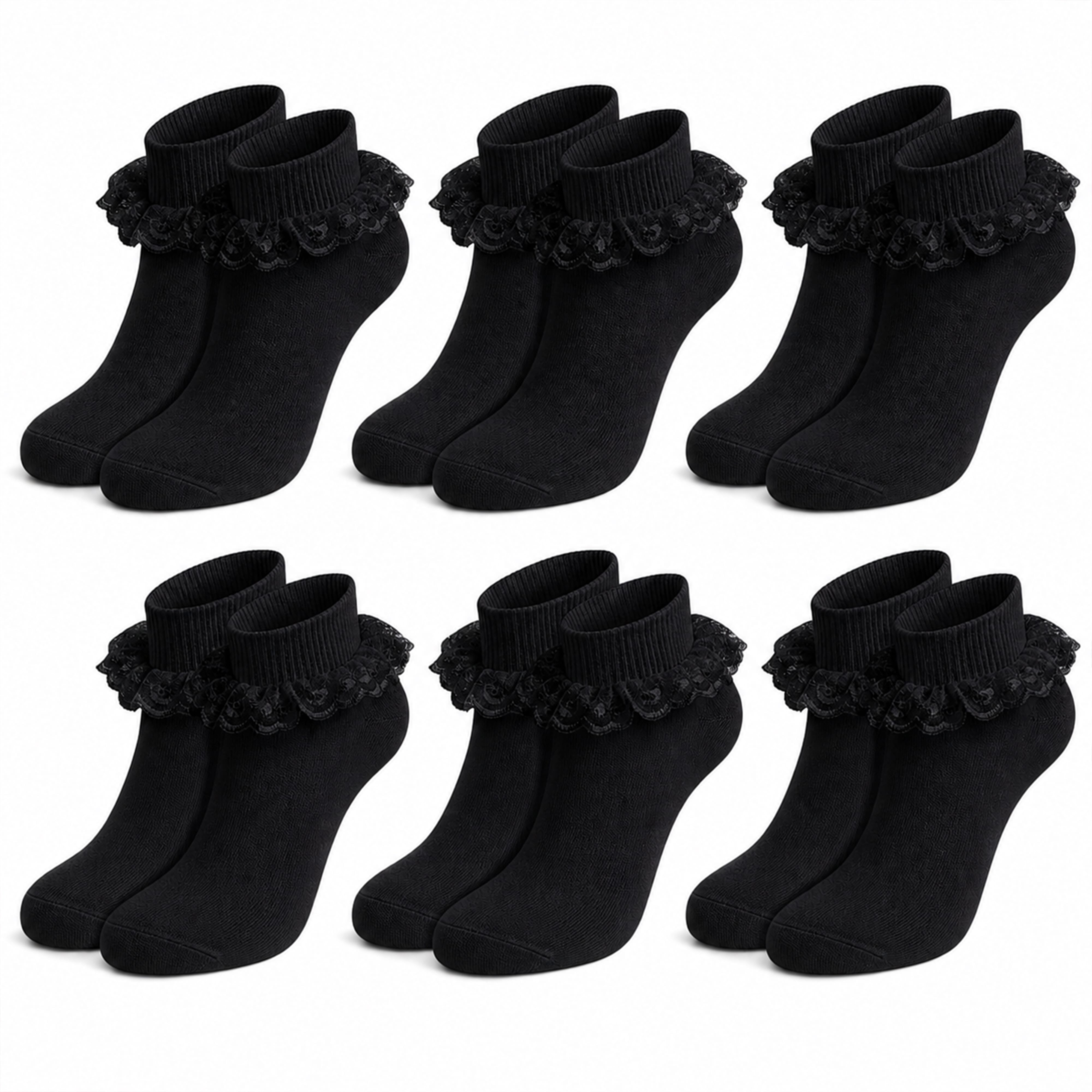 Sock Stack 6 Pairs Black Girls Tutu Frilly Ankle Socks With Lace And Bow Super Soft Wedding Christening Socks For Dress Up And Everyday Wear
