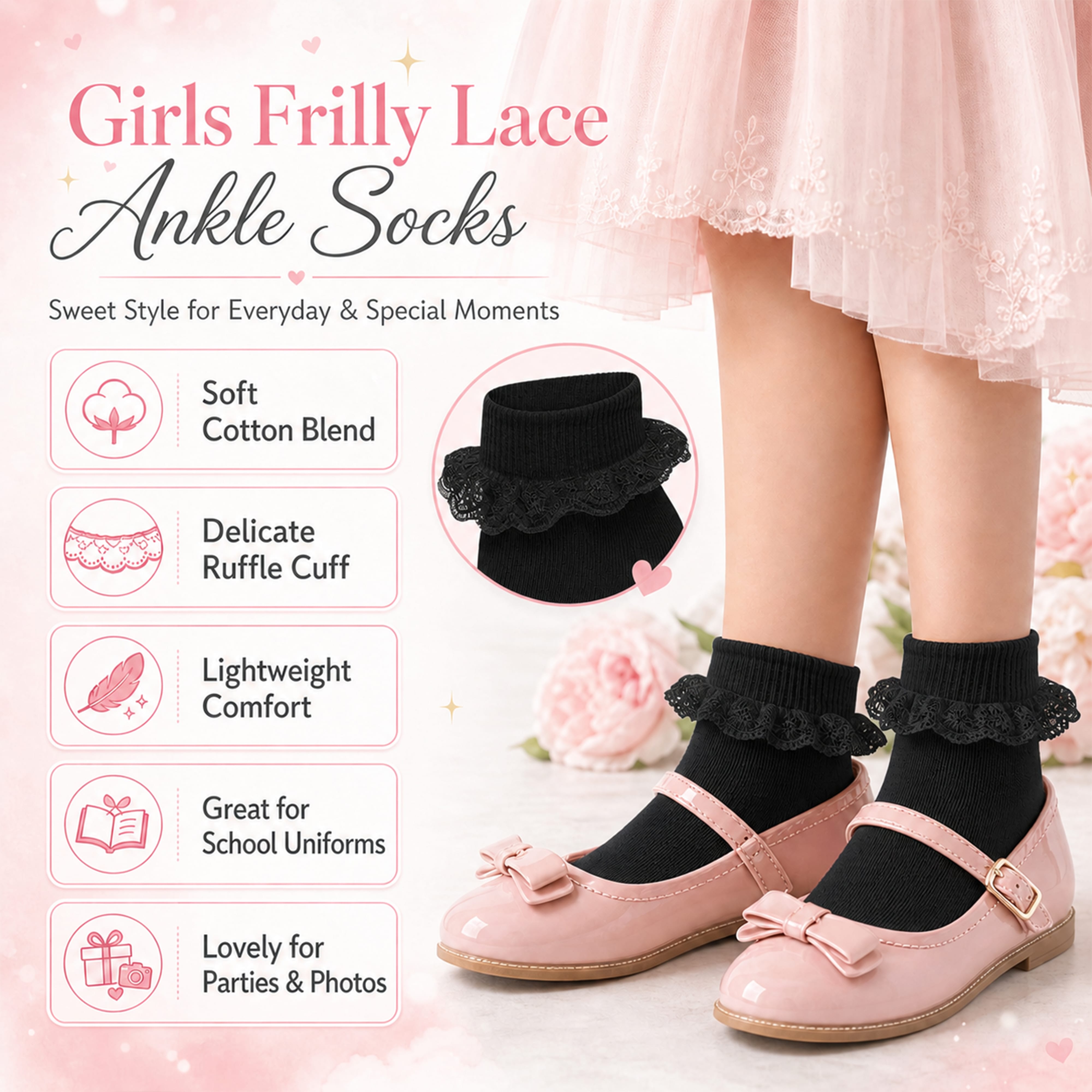 Sock Stack 6 Pairs Black Girls Tutu Frilly Ankle Socks With Lace And Bow Super Soft Wedding Christening Socks For Dress Up And Everyday Wear