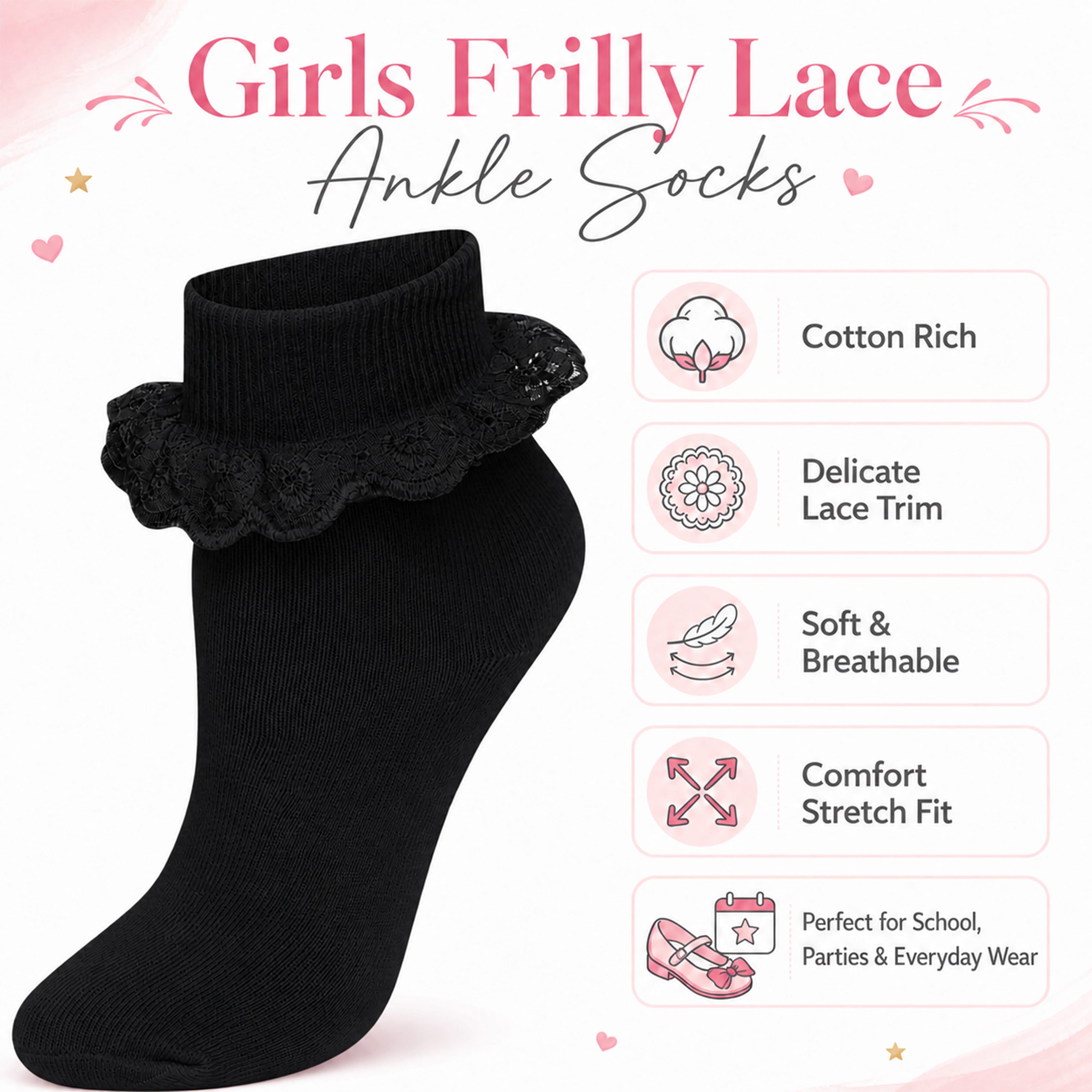 Sock Stack 6 Pairs Black Girls Tutu Frilly Ankle Socks With Lace And Bow Super Soft Wedding Christening Socks For Dress Up And Everyday Wear