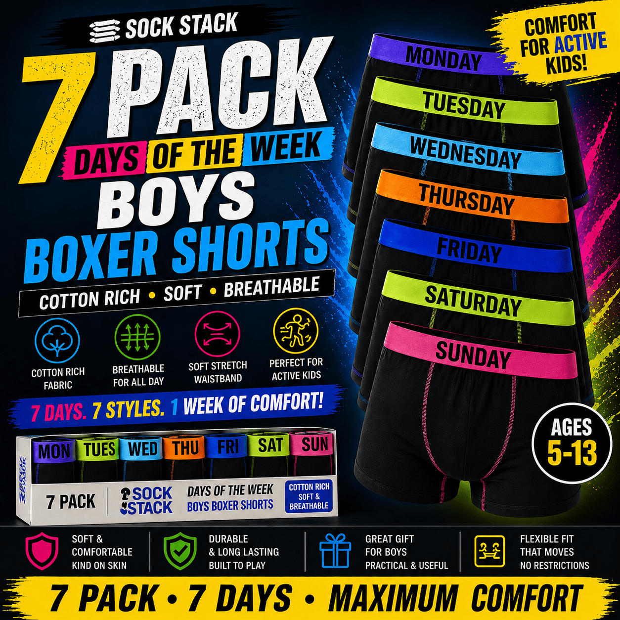 Sock Stack 7 Pack Boys Cotton Rich Boxer Shorts Trunks Ages 5-13 Assorted Colours Soft Stretch Waistband Breathable For Active Kids
