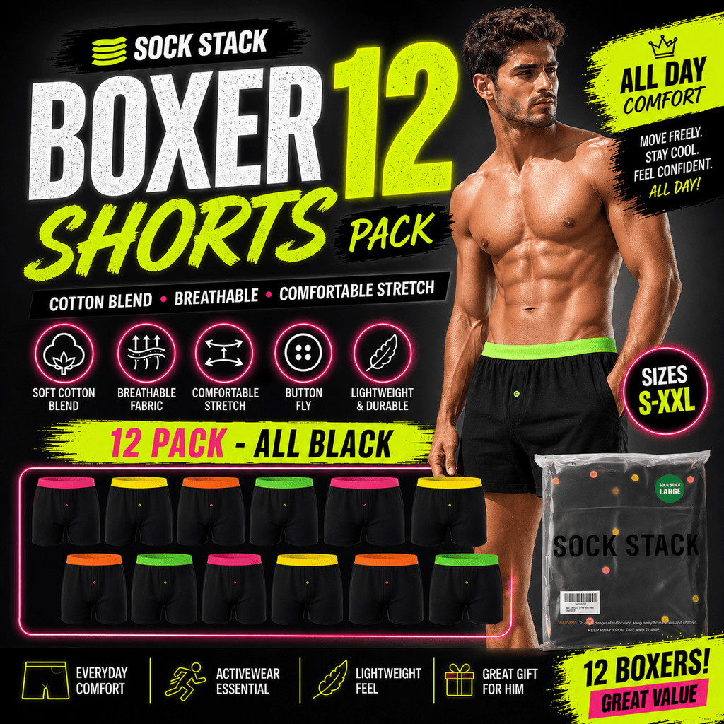 Sock Stack Boxer Shorts 12 Pack Black Cotton Blend Breathable Comfortable Stretch Button Fly MB08 Durable Lightweight Activewear Underwear