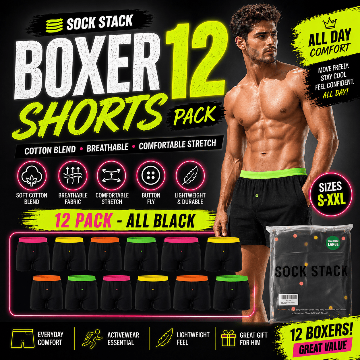 Sock Stack Boxer Shorts 12 Pack Black Cotton Blend Breathable Comfortable Stretch Button Fly MB08 Durable Lightweight Activewear Underwear