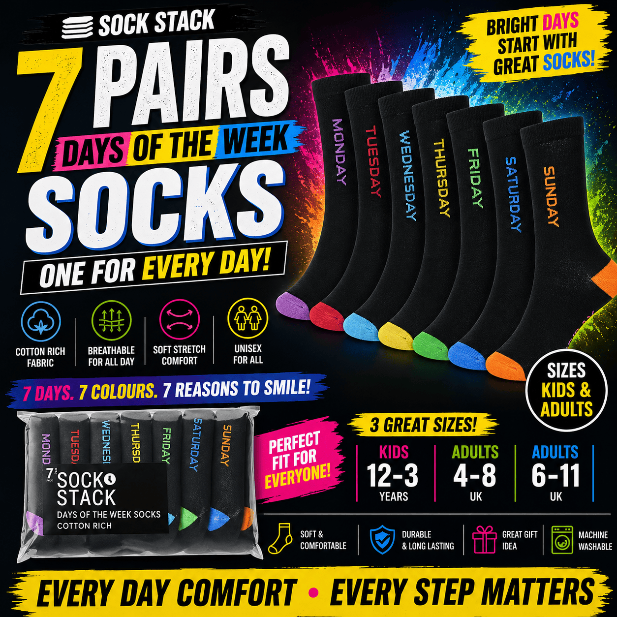 Sock Stack Days Of The Week Socks 7 Pack Cotton Rich Black With Multi Color Heel And Toe Unisex For Kids And Adults Everyday Wear