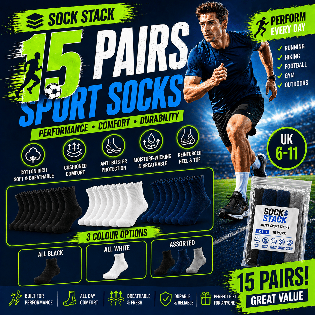 Sock Stack Mens Cotton Rich Performance Sport Socks 15 Pairs UK 6 To 11 Black Grey White Cushioned Anti Blister Moisture Wicking Breathable