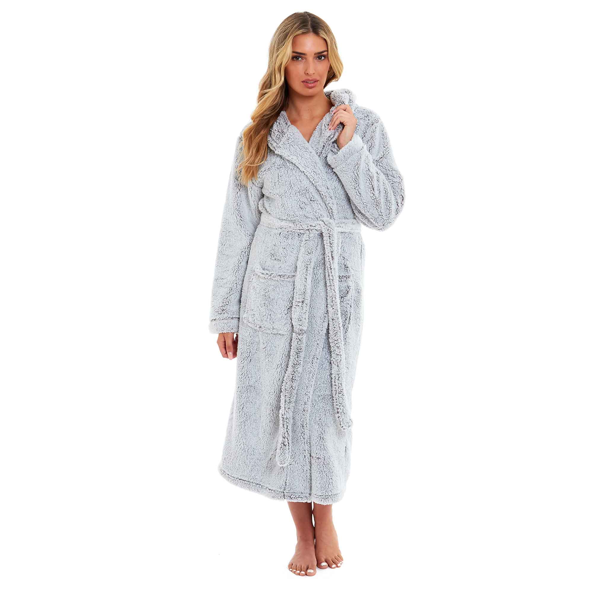 Daisy Dreamer Women's Fleece Hooded Robe Snuggle Touch Velvet-Soft Loungewear UK Sizes 8-22 Green Grey Pink Cozy Bath Spa Home