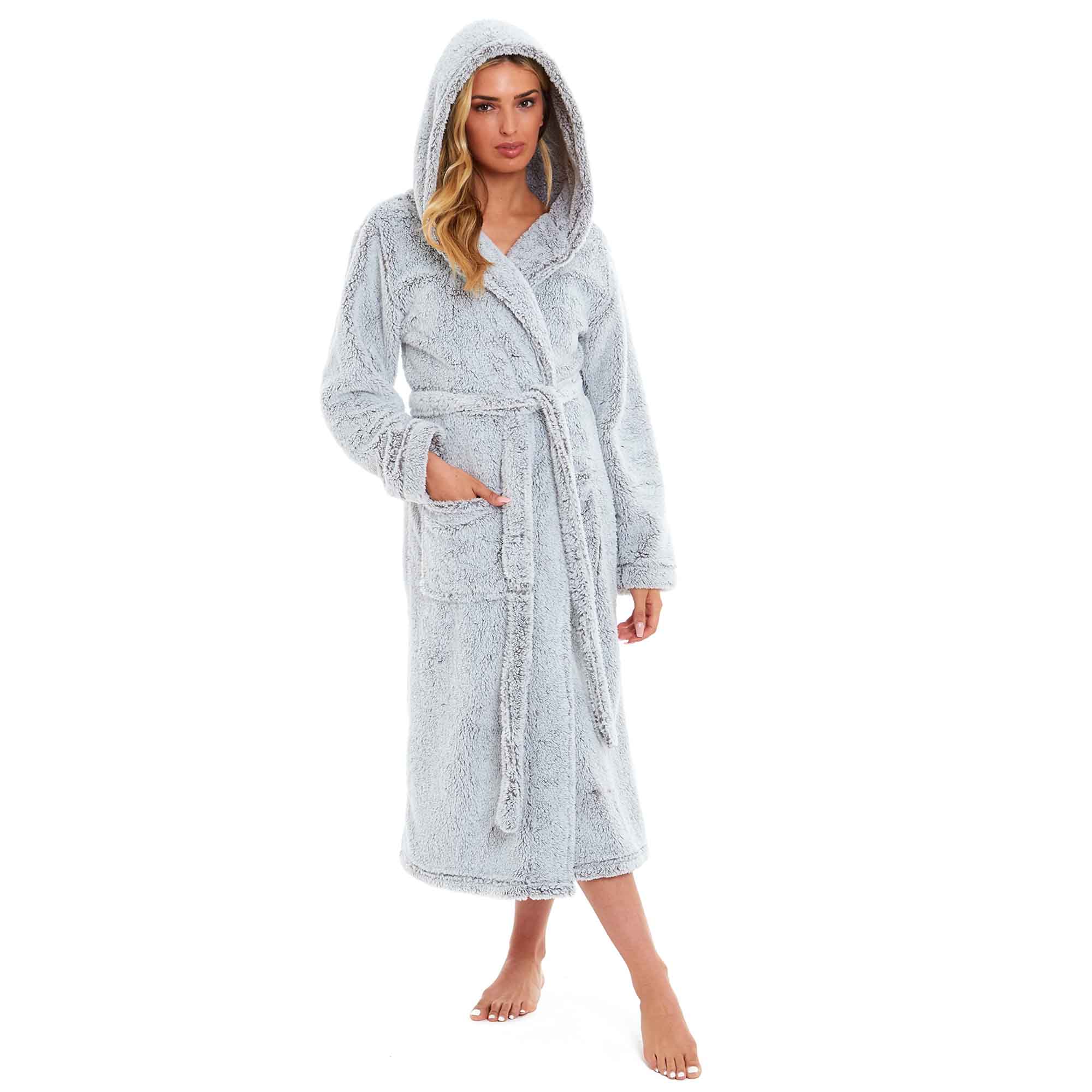 Daisy Dreamer Women's Fleece Hooded Robe Snuggle Touch Velvet-Soft Loungewear UK Sizes 8-22 Green Grey Pink Cozy Bath Spa Home