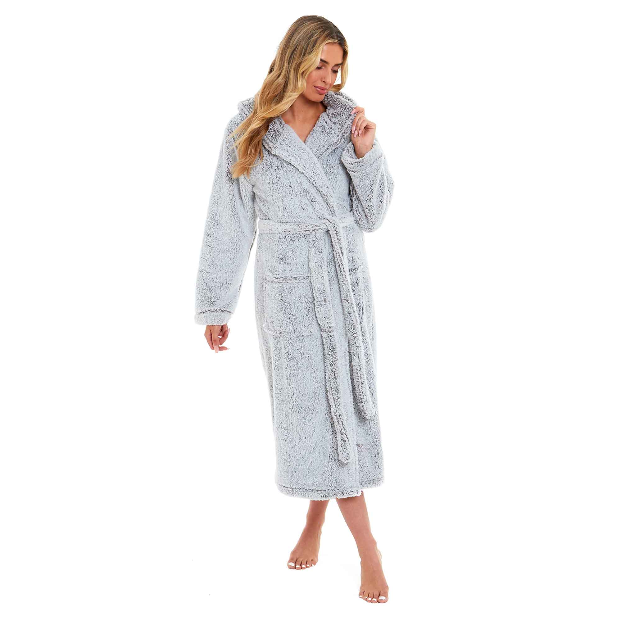Daisy Dreamer Women's Fleece Hooded Robe Snuggle Touch Velvet-Soft Loungewear UK Sizes 8-22 Green Grey Pink Cozy Bath Spa Home