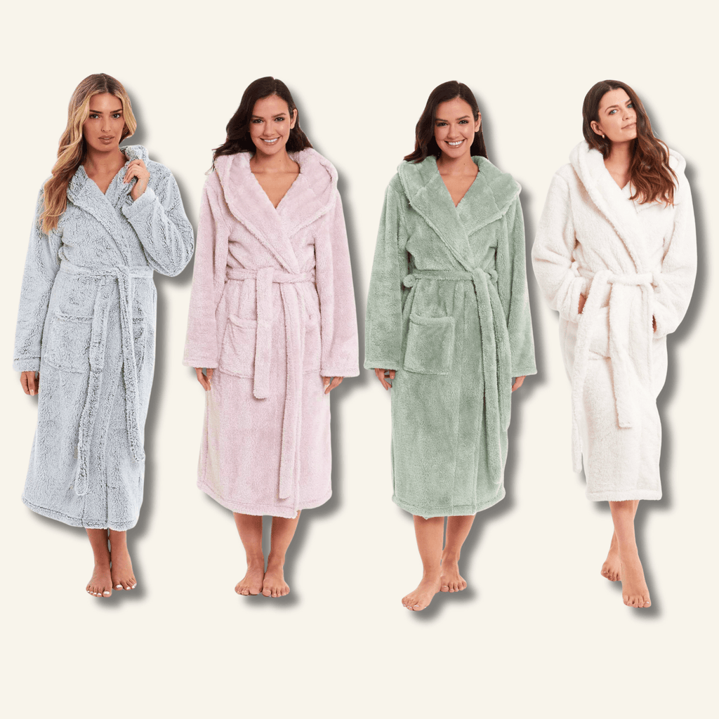 Daisy Dreamer Women's Fleece Hooded Robe Snuggle Touch Velvet-Soft Loungewear UK Sizes 8-22 Green Grey Pink Cozy Bath Spa Home