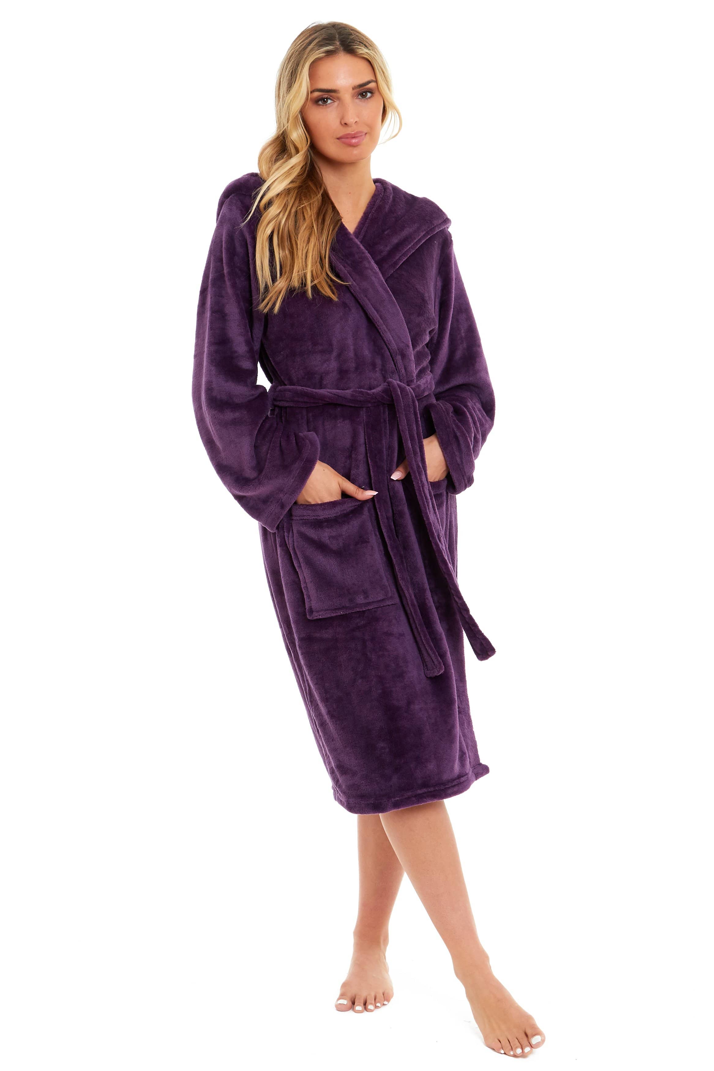 OLIVIA ROCCO Women's Hooded Plush Fleece Dressing Gown Ultra-Soft Velvet Bathrobe For Winter Lounging And Relaxation At Home
