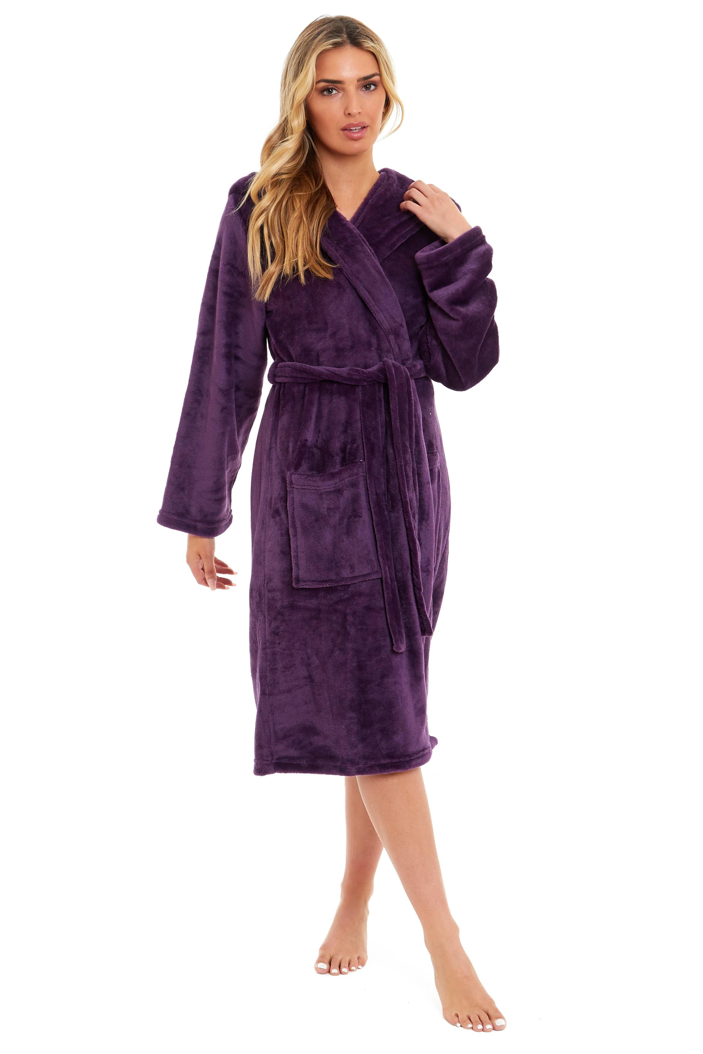 OLIVIA ROCCO Women's Hooded Plush Fleece Dressing Gown Ultra-Soft Velvet Bathrobe For Winter Lounging And Relaxation At Home