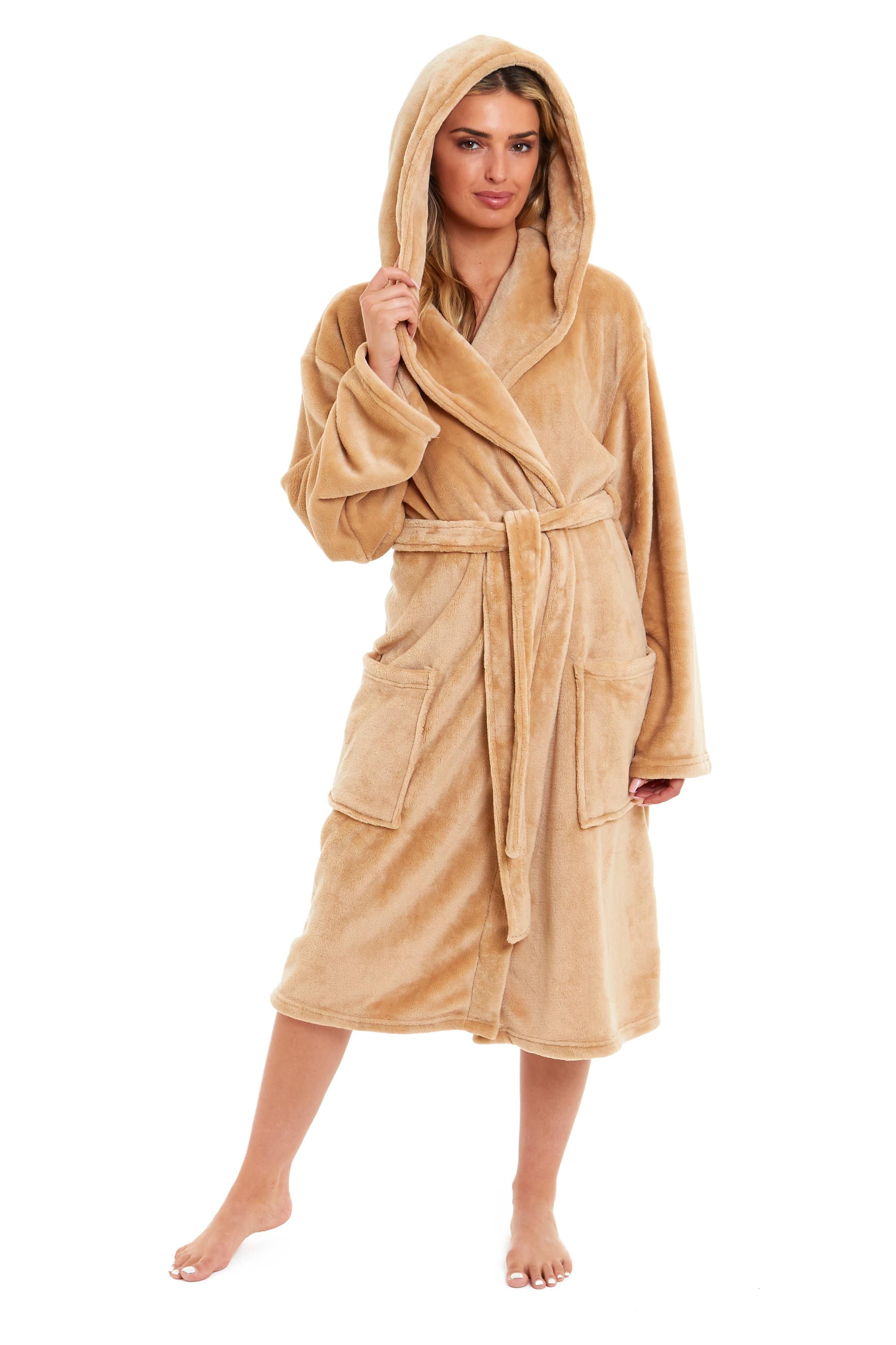 OLIVIA ROCCO Women's Hooded Plush Fleece Dressing Gown Ultra-Soft Velvet Bathrobe For Winter Lounging And Relaxation At Home