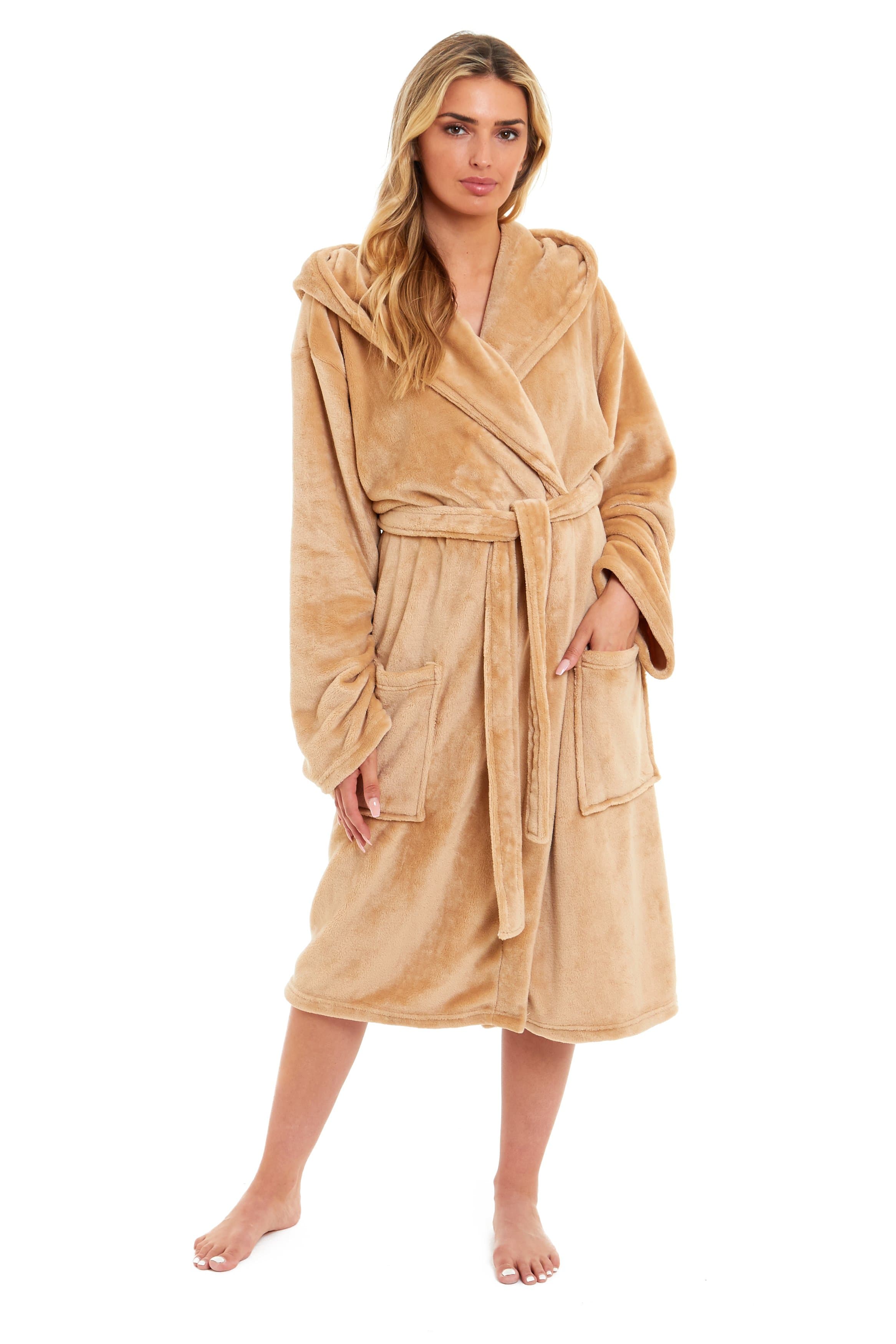 OLIVIA ROCCO Women's Hooded Plush Fleece Dressing Gown Ultra-Soft Velvet Bathrobe For Winter Lounging And Relaxation At Home