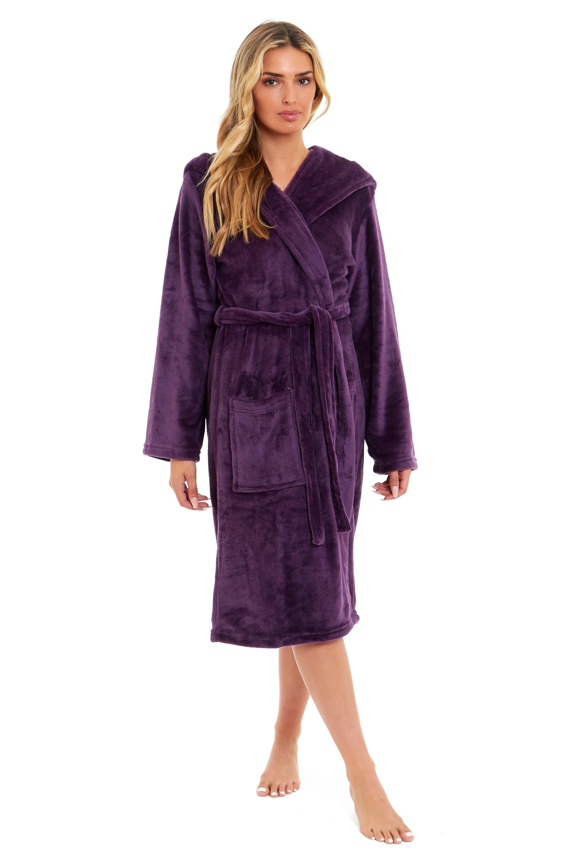 OLIVIA ROCCO Women's Hooded Plush Fleece Dressing Gown Ultra-Soft Velvet Bathrobe For Winter Lounging And Relaxation At Home