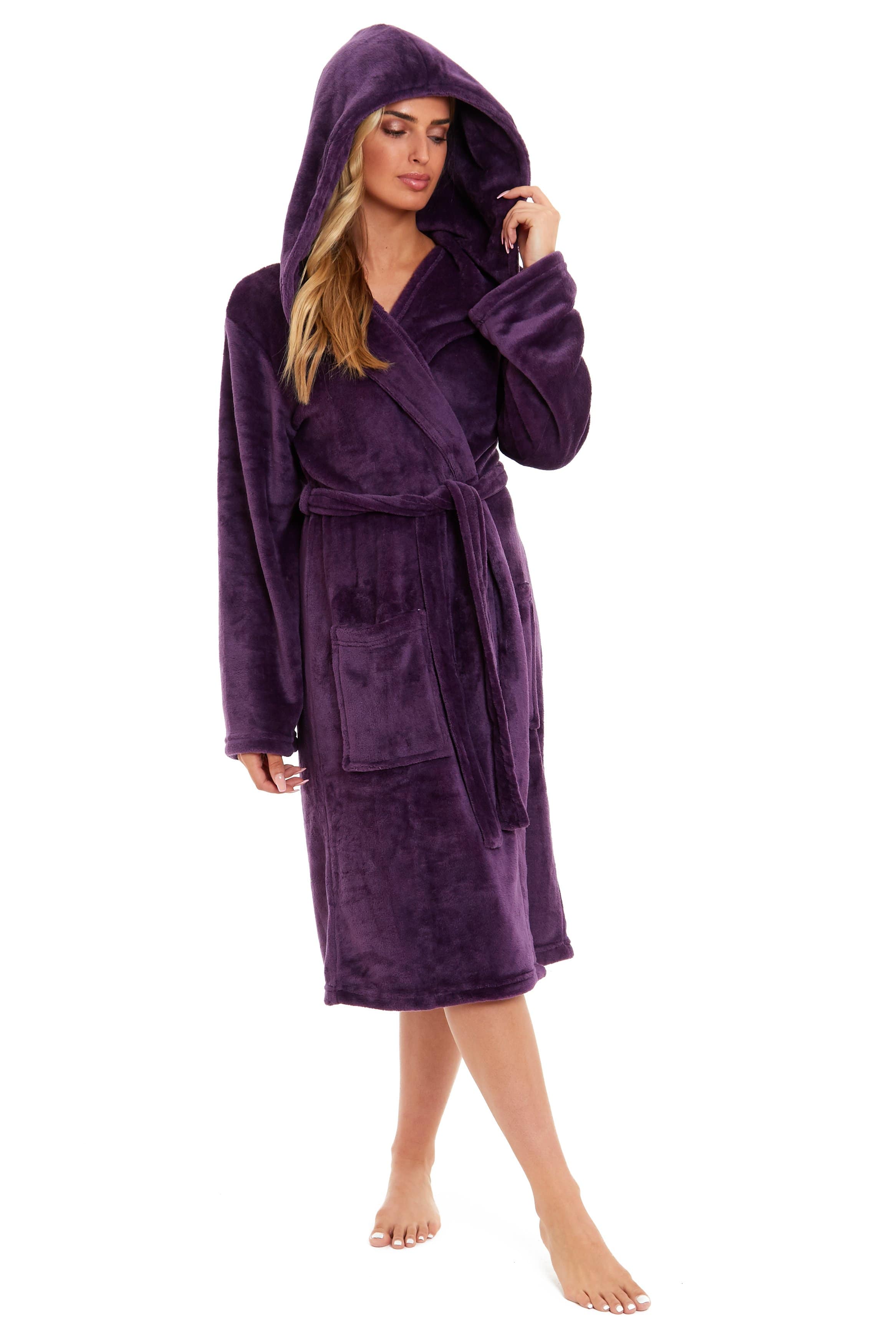 OLIVIA ROCCO Women's Hooded Plush Fleece Dressing Gown Ultra-Soft Velvet Bathrobe For Winter Lounging And Relaxation At Home