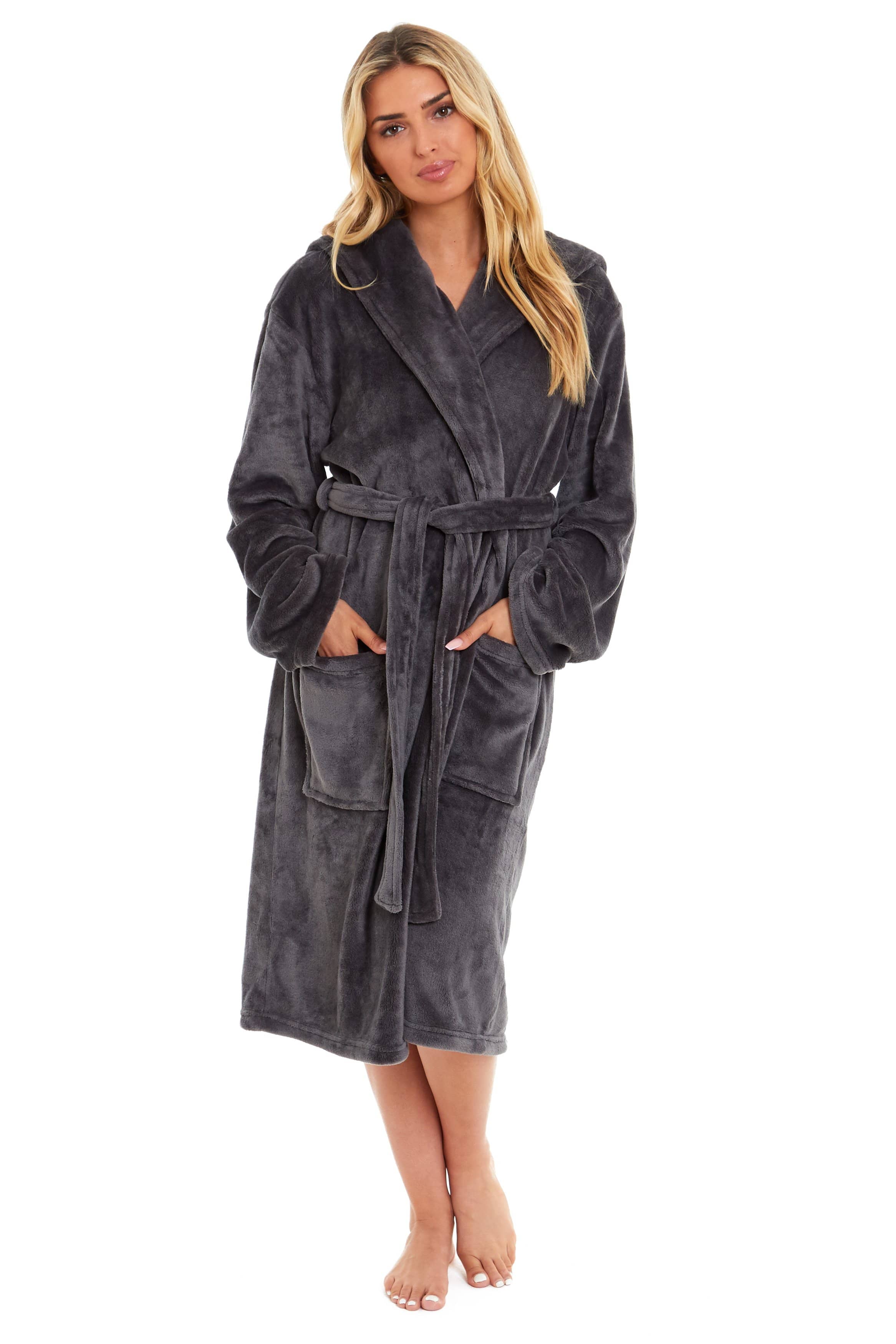 OLIVIA ROCCO Women's Hooded Plush Fleece Dressing Gown Ultra-Soft Velvet Bathrobe For Winter Lounging And Relaxation At Home