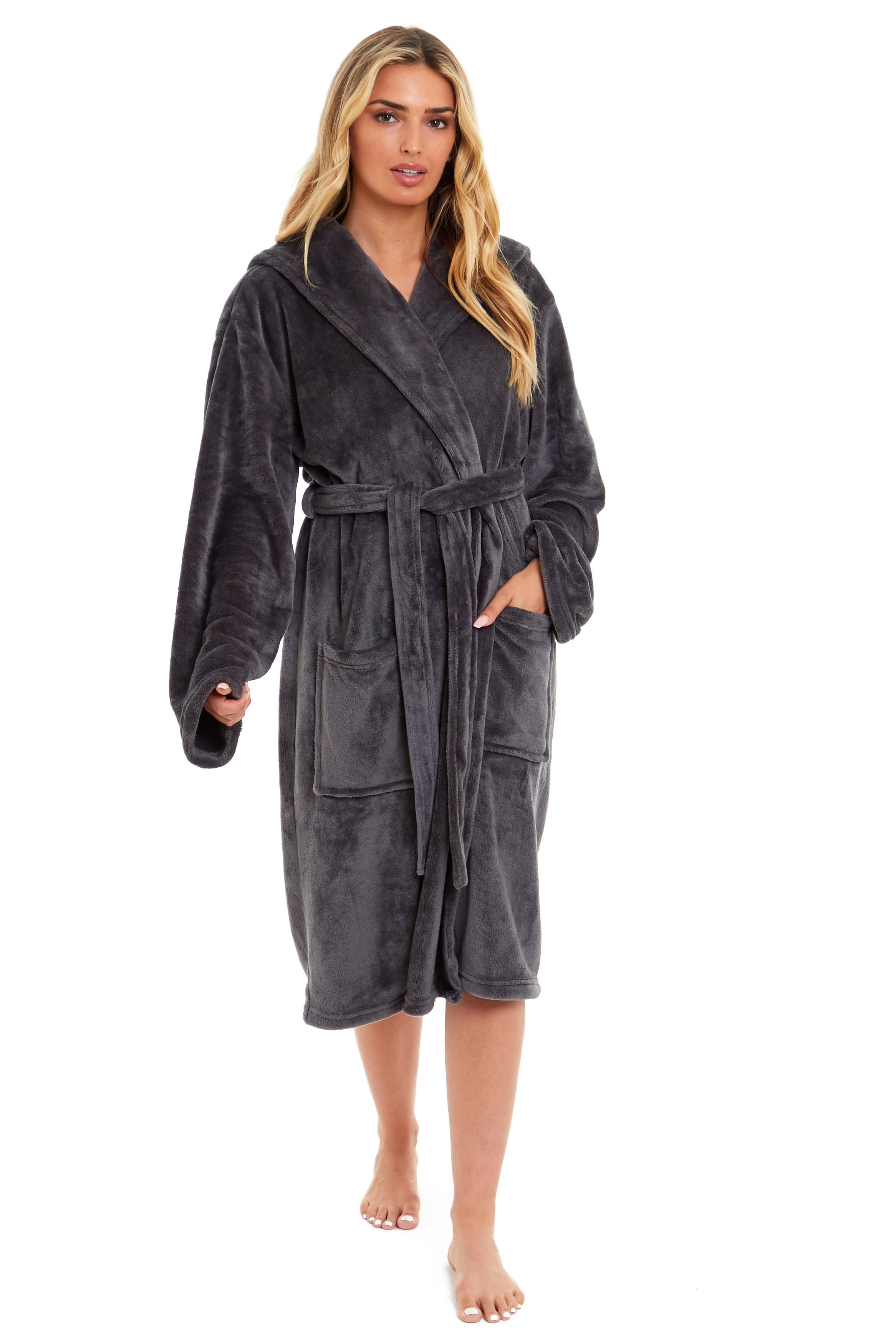 OLIVIA ROCCO Women's Hooded Plush Fleece Dressing Gown Ultra-Soft Velvet Bathrobe For Winter Lounging And Relaxation At Home