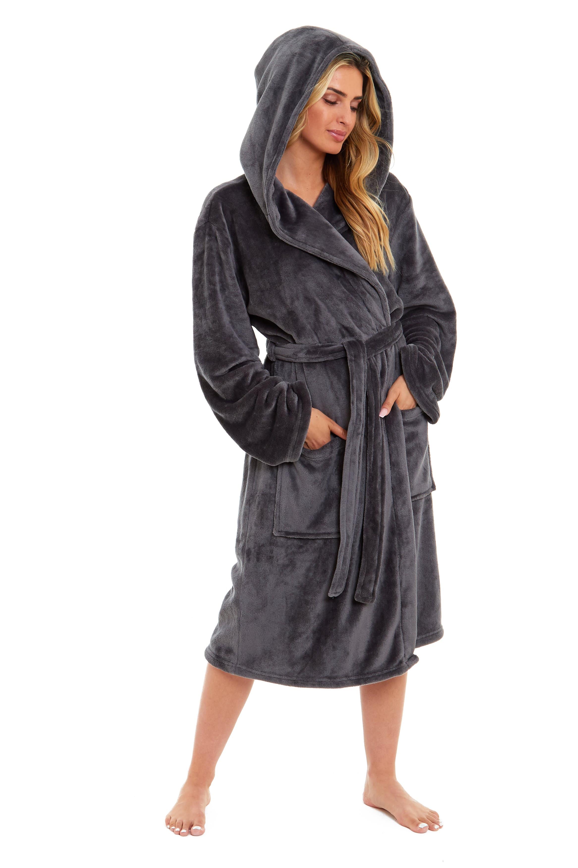 OLIVIA ROCCO Women's Hooded Plush Fleece Dressing Gown Ultra-Soft Velvet Bathrobe For Winter Lounging And Relaxation At Home