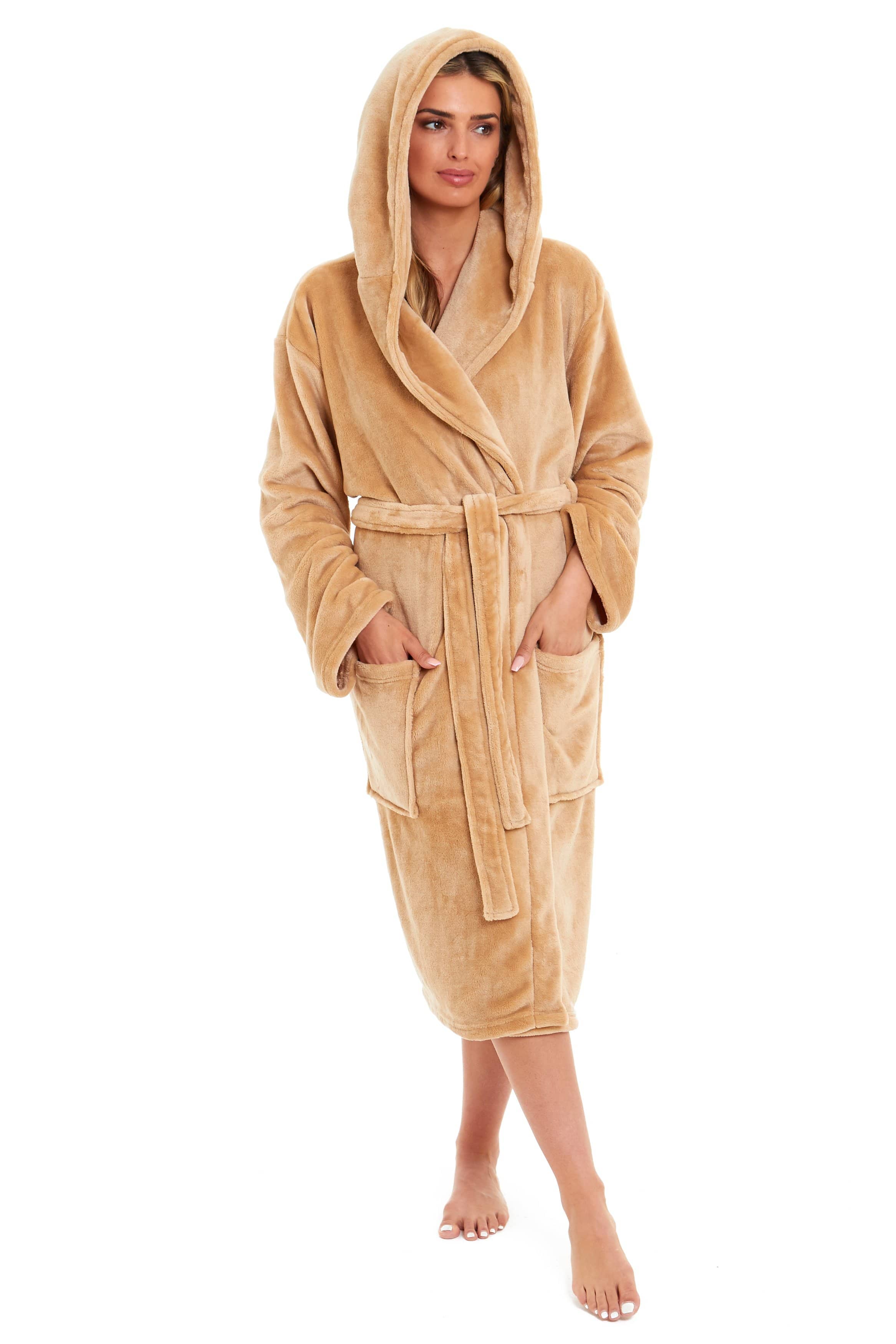 OLIVIA ROCCO Women's Hooded Plush Fleece Dressing Gown Ultra-Soft Velvet Bathrobe For Winter Lounging And Relaxation At Home