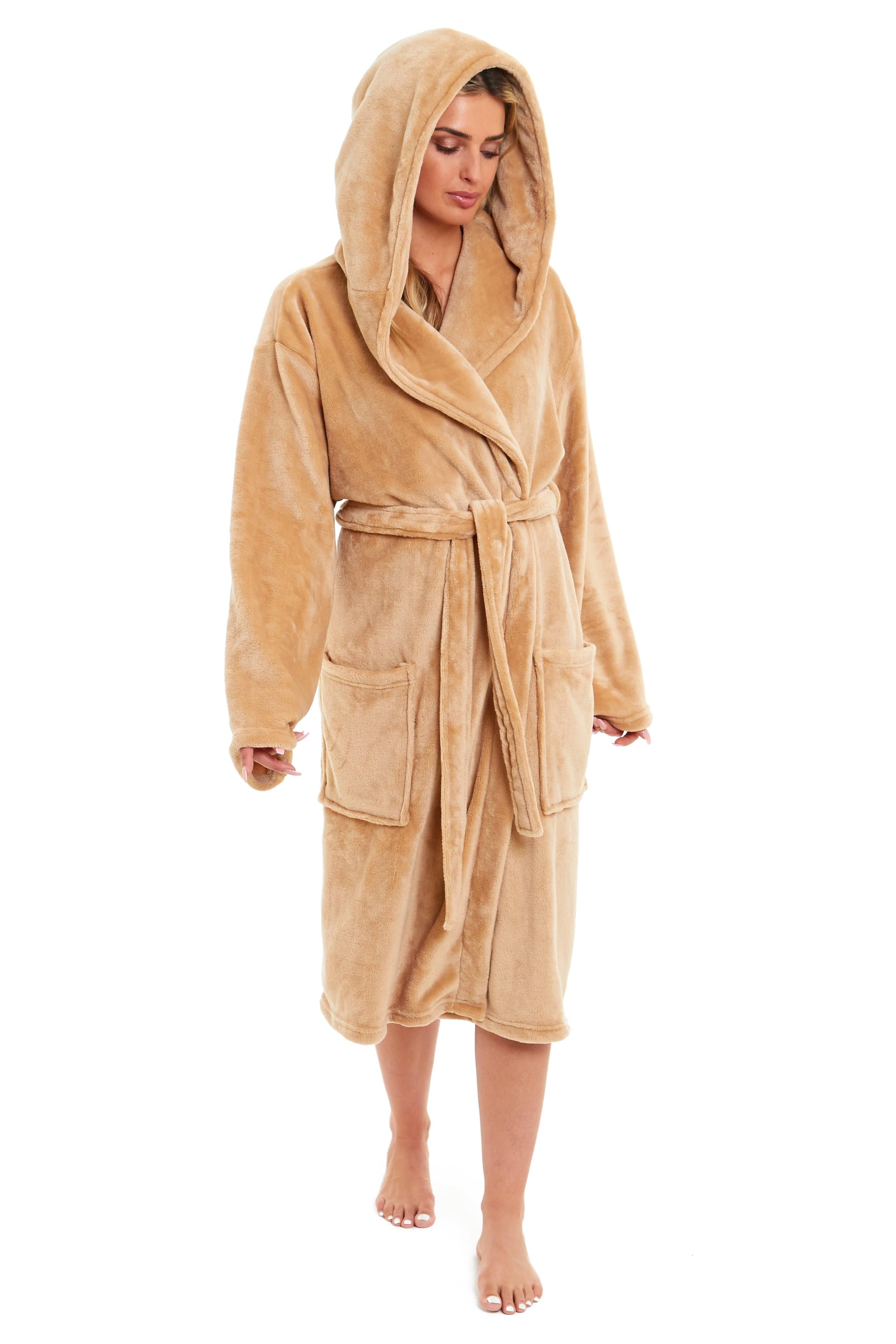 OLIVIA ROCCO Women's Hooded Plush Fleece Dressing Gown Ultra-Soft Velvet Bathrobe For Winter Lounging And Relaxation At Home
