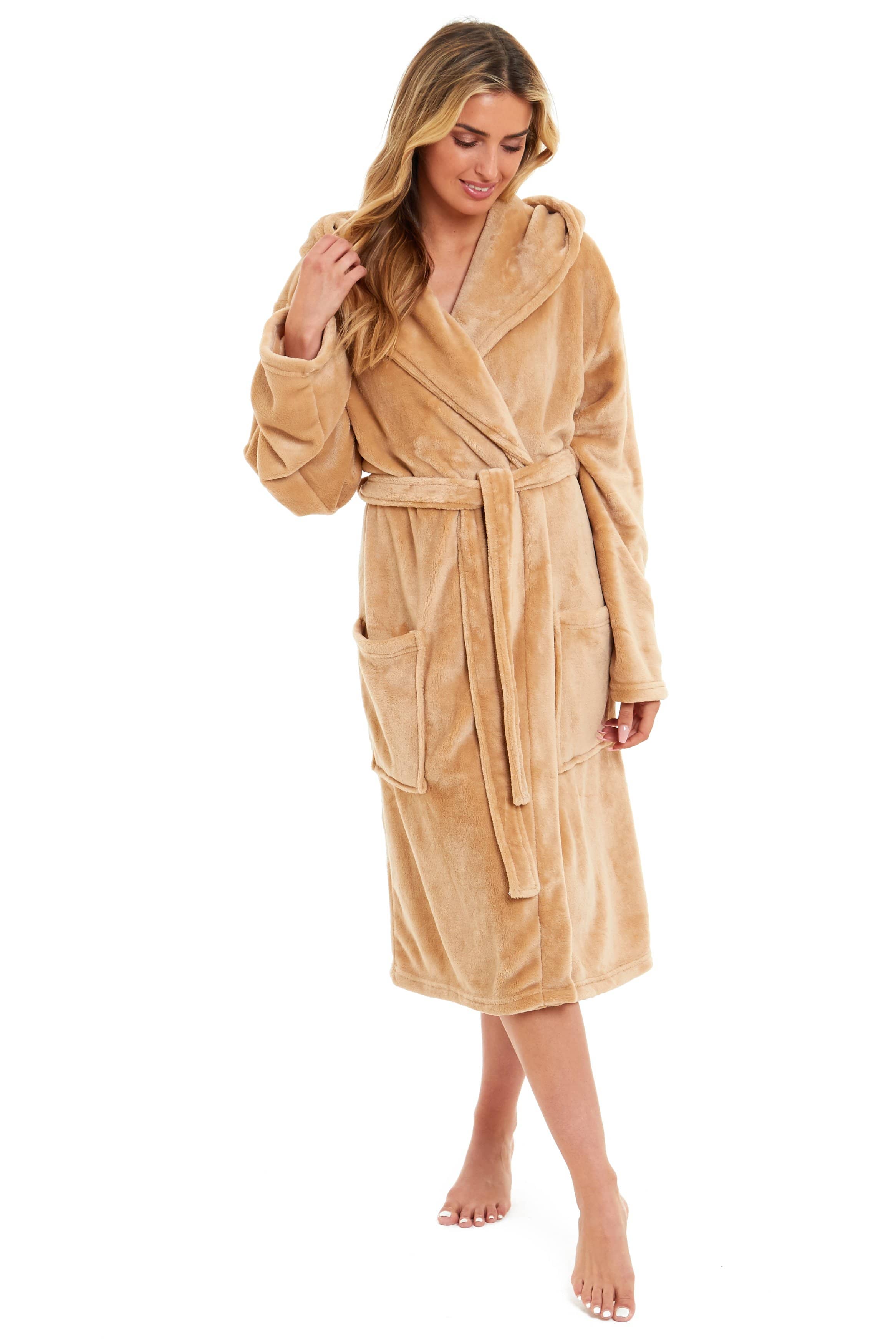 OLIVIA ROCCO Women's Hooded Plush Fleece Dressing Gown Ultra-Soft Velvet Bathrobe For Winter Lounging And Relaxation At Home