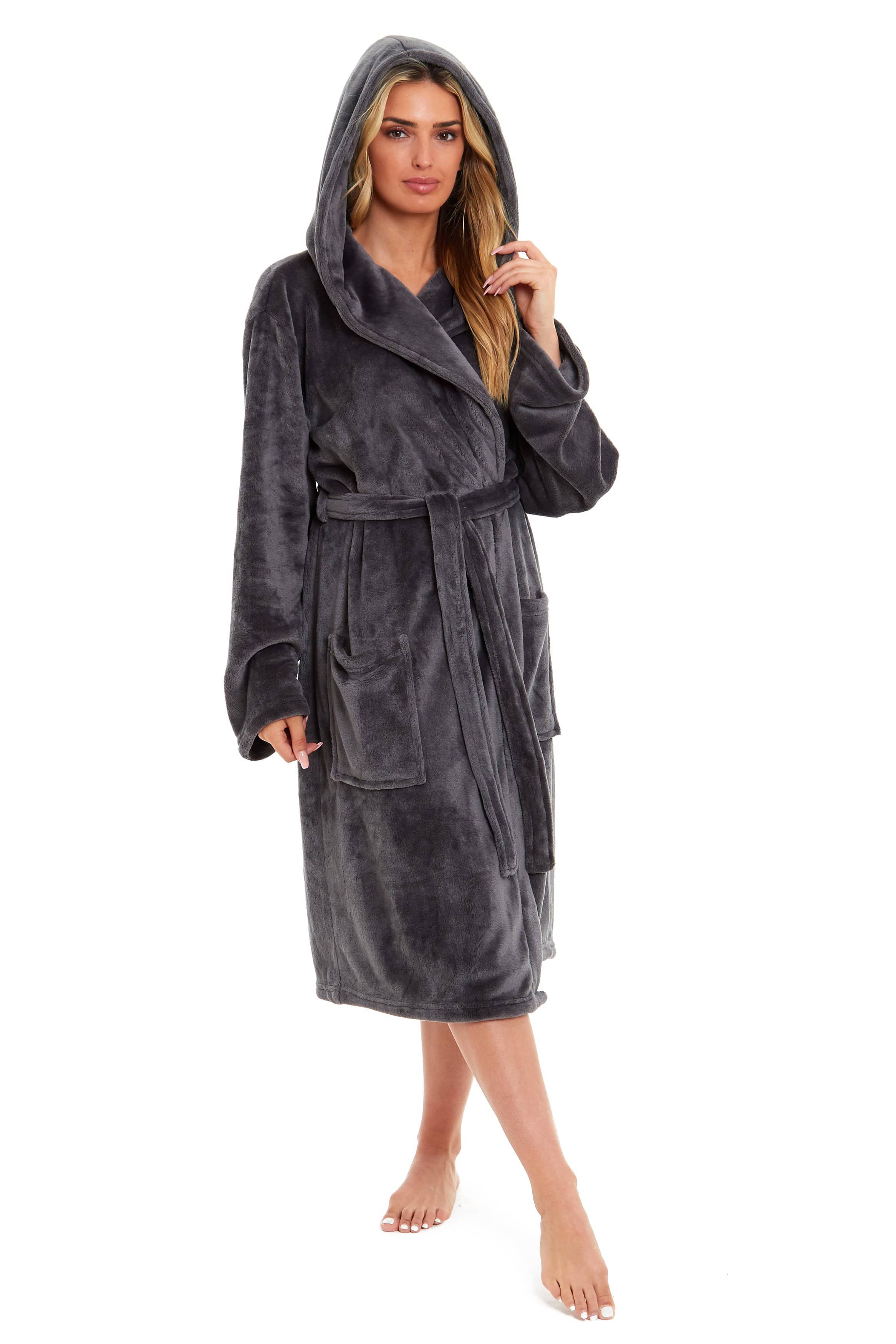 OLIVIA ROCCO Women's Hooded Plush Fleece Dressing Gown Ultra-Soft Velvet Bathrobe For Winter Lounging And Relaxation At Home