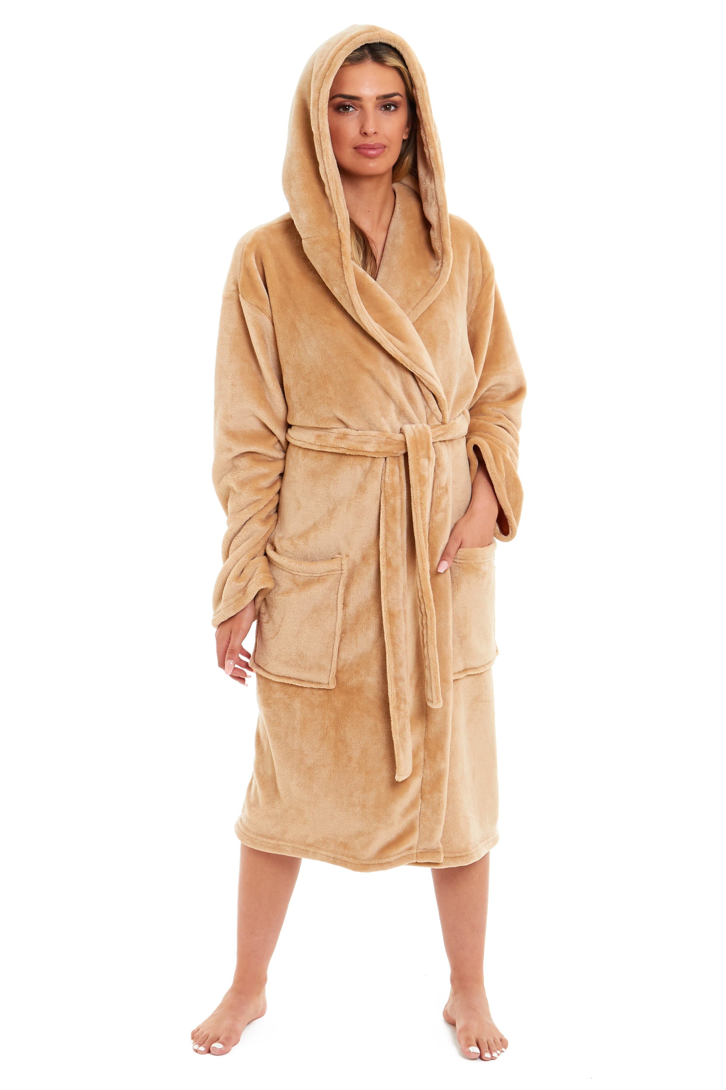 OLIVIA ROCCO Women's Hooded Plush Fleece Dressing Gown Ultra-Soft Velvet Bathrobe For Winter Lounging And Relaxation At Home