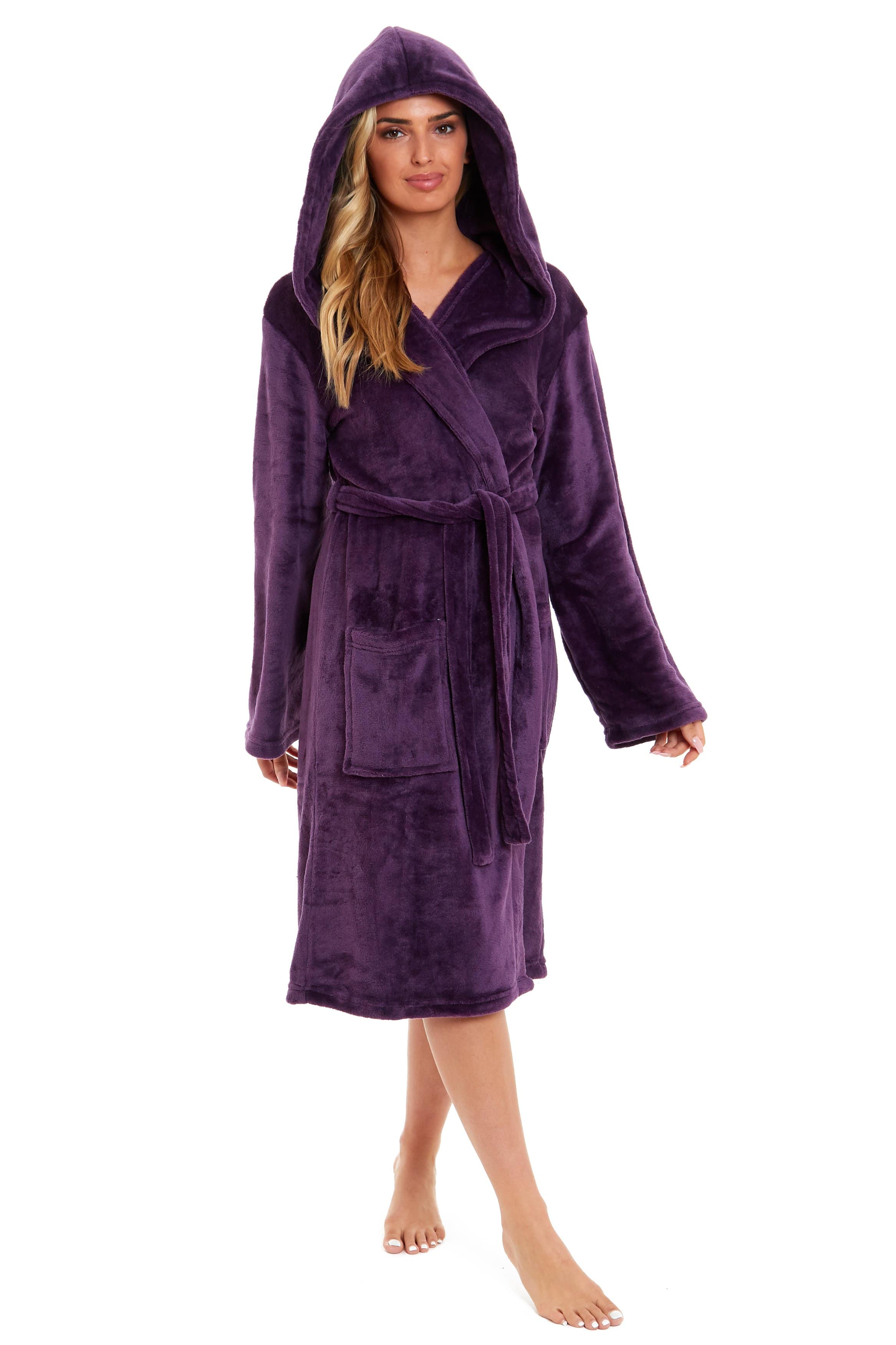 OLIVIA ROCCO Women's Hooded Plush Fleece Dressing Gown Ultra-Soft Velvet Bathrobe For Winter Lounging And Relaxation At Home